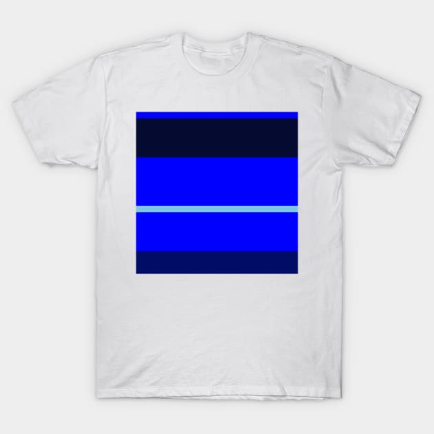 A scarce melt of Sky Blue, Primary Blue, Darkblue and Cetacean Blue stripes. T-Shirt by Sociable Stripes